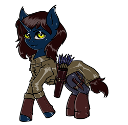 Size: 1054x1029 | Tagged: safe, artist:leastways, derpibooru import, oc, oc only, oc:telum, unicorn, fallout equestria, arrow, clothes, coat, commission, fanfic art, female, jacket, knife, leather jacket, long hair, long mane, mare, quiver, simple background, sketch, solo, superhero, superhero costume, transparent background, weapon