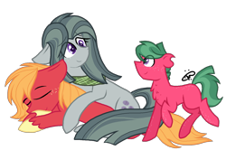 Size: 1400x990 | Tagged: safe, artist:gallantserver, derpibooru import, big macintosh, marble pie, oc, oc:watermelon tourmaline, pony, colt, female, lying down, male, marblemac, offspring, parent:big macintosh, parent:marble pie, parents:marblemac, prone, shipping, simple background, sleeping, straight, transparent background