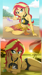 Size: 1920x3413 | Tagged: safe, artist:ta-na, derpibooru import, edit, editor:itsmgh1203, sunset shimmer, equestria girls, equestria girls series, forgotten friendship, adorasexy, alcohol, arm behind head, barefoot, beach, beach babe, beautiful, beautisexy, beer, belly button, bikini, bikini babe, bikini bottom, bikini top, black swimsuit, blurry background, bracelet, breasts, clothes, cloud, cute, cutie mark, cutie mark on clothes, eyelashes, feet, female, high res, jewelry, lens flare, looking at you, lounge chair, lying down, midriff, ocean, on side, outdoors, praise the sunset, pun, sand, sarong, sexy, shimmerbetes, sky, sleeveless, smiling, smiling at you, solo, stupid sexy sunset shimmer, summer, sun, sunset, sunset jiggler, sunsex shimmer, swimsuit, tan, visual pun, wall of tags, water