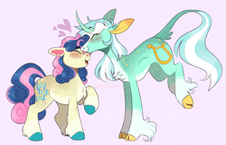 Size: 1924x1228 | Tagged: safe, artist:wanderingpegasus, derpibooru import, bon bon, lyra heartstrings, sweetie drops, classical unicorn, earth pony, pony, unicorn, adorabon, bipedal, blushing, chest fluff, cloven hooves, coat markings, curved horn, cute, ears, eyes closed, female, fetlock tuft, floating heart, floppy ears, forehead kiss, freckles, heart, height difference, kiss on the head, kissing, leaning forward, leg fluff, leonine tail, lesbian, lyrabetes, lyrabon, mare, open mouth, pale belly, pink background, raised hoof, raised leg, shipping, simple background, size difference, smiling, socks (coat marking), unshorn fetlocks