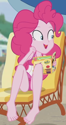Size: 400x752 | Tagged: safe, derpibooru import, screencap, pinkie pie, human, equestria girls, equestria girls series, friendship math, barefoot, beach chair, clothes, cropped, feet, female, magazine, one-piece swimsuit, pinkie pie swimsuit, sleeveless, solo, swimsuit, toes