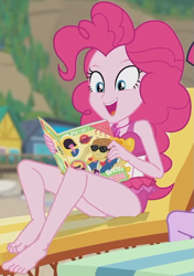 Size: 547x779 | Tagged: safe, derpibooru import, screencap, pinkie pie, sci-twi, twilight sparkle, better together, equestria girls, friendship math, barefoot, clothes, duo, duo female, feet, female, magazine, offscreen character, offscreen female, one-piece swimsuit, open mouth, open smile, pinkie pie swimsuit, sleeveless, smiling, solo focus, swimsuit, toes