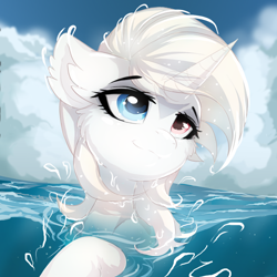 Size: 1000x1000 | Tagged: safe, artist:lucid-guardian, derpibooru import, oc, oc only, oc:lunar eclipse, pony, unicorn, cheek fluff, female, heterochromia, mare, smiling, solo, swimming, water, white