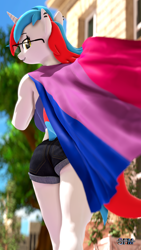 Size: 1080x1920 | Tagged: safe, artist:anthroponiessfm, derpibooru import, oc, oc:audina puzzle, anthro, unicorn, 3d, anthro oc, bisexual pride flag, butt, clothes, cute, denim shorts, ear piercing, earring, female, glasses, happy, horn, house, jewelry, looking at you, looking back, looking back at you, orange eyes, outdoors, piercing, pride, pride flag, rear view, shorts, smiling, source filmmaker, tomboy, tree, two toned mane, two toned tail, unicorn oc, watermark