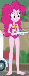 Size: 225x595 | Tagged: safe, derpibooru import, screencap, pinkie pie, human, better together, equestria girls, too hot to handle, barefoot, clothes, cropped, feet, female, food, one-piece swimsuit, pinkie pie swimsuit, sleeveless, snowcone, solo, swimsuit