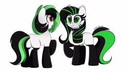 Size: 4096x2370 | Tagged: safe, artist:kittyrosie, derpibooru import, oc, oc only, earth pony, black socks, cat ears, cat nose, cat stripes, clothes, commission, cute, duo, earth pony oc, green eyes, ocbetes, raised hoof, raised leg, red eyes, socks, stripes