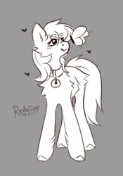 Size: 563x804 | Tagged: safe, artist:redslipp, derpibooru import, roseluck, butterfly, pony, collar, cute, fluffy, monochrome, pony pet, request, rosepet, sketch