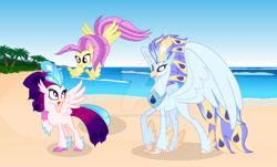 Size: 1024x619 | Tagged: safe, artist:velveagicsentryyt, derpibooru import, ocean flow, queen novo, oc, oc:laureate, classical hippogriff, hippogriff, my little pony: the movie, beach, deviantart watermark, female, mother and child, mother and daughter, obtrusive watermark, parent and child, siblings, sisters, watermark, younger