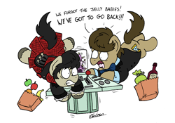 Size: 2326x1629 | Tagged: safe, artist:bobthedalek, derpibooru import, doctor whooves, earth pony, pony, apple, banana, bottle, clothes, doctor who, floating, food, jamie mccrimmon, kilt, orange, panic, paper bag, patrick troughton, second doctor, sporran, tardis, the doctor