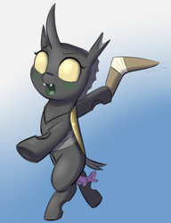 Size: 1462x1904 | Tagged: safe, artist:heretichesh, derpibooru import, oc, oc only, oc:konica, changeling, bipedal, boomerang, bow, colored, fangs, simple background, solo, yellow changeling