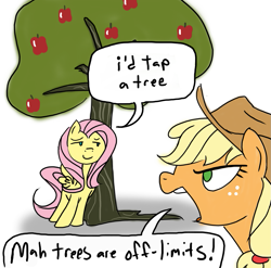 Size: 869x860 | Tagged: safe, artist:grilledcat, derpibooru import, applejack, fluttershy, pegasus, pony, angry, apple, apple tree, applejack's hat, clothes, cowboy hat, duo, female, hat, implied dendrophilia, innuendo, mare, smug, tree