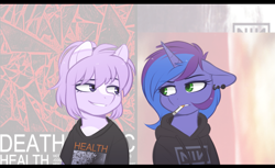 Size: 1697x1037 | Tagged: safe, artist:higglytownhero, derpibooru import, oc, oc only, oc:blue monday, oc:mio, earth pony, pony, unicorn, cigarette, clothes, death magic, duo, female, health, hoodie, horn, nine inch nails, shirt, the fragile, unicorn oc