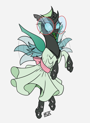 Size: 4000x5500 | Tagged: safe, artist:evan555alpha, ponybooru exclusive, oc, oc only, oc:yvette (evan555alpha), changeling, evan's daily buggo, buzzing wings, changeling oc, clothes, colored sketch, cummerbund, dorsal fin, dress, elytra, fangs, female, flying, forked tongue, glasses, green tongue, happy, hooves together, hooves up, long tongue, looking at you, motion lines, partial color, raised hoof, raised leg, ribbon, round glasses, signature, simple background, sketch, solo, sundress, tongue, tongue out, wavy, white background, wide eyes