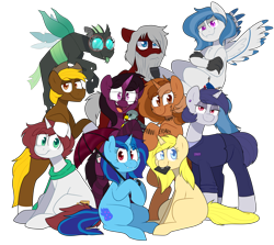 Size: 2520x2248 | Tagged: safe, artist:2k.bugbytes, gabby, oc, oc only, oc:acres, oc:annabelle (zizzydizzymc), oc:cotton coax, oc:delta dart, oc:heart drive, oc:mindful manners, oc:sapphire soulfire, oc:sign, oc:violet evergard, oc:yvette (evan555alpha), changeling, earth pony, hippogriff, hybrid, pony, undead, unicorn, vampire, vampony, ponybooru collab 2021, beard, bipedal leaning, blonde, blonde mane, blonde tail, blue eyes, business suit, clothed ponies, coat markings, commission, ear piercing, facial hair, female, floppy disk, flying, glasses, green eyes, group, leaning, looking at you, male, missing cutie mark, mouth hold, open mouth, piercing, plushie, ponybooru mascot, red eyes, scarf, simple background, sitting, smiling, socks, socks (coat marking), standing, tongue, tongue out, transparent background, umbrella