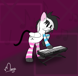 Size: 6557x6460 | Tagged: safe, artist:marshmallowdub, derpibooru import, oc, oc:scr4tchk4t, cat, cat pony, original species, pegasus, pony, bipedal, cat tail, clothes, keyboard, musical instrument, paws, piano, socks, striped socks, wings