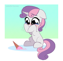 Size: 2150x2076 | Tagged: safe, artist:syrupyyy, derpibooru import, sweetie belle, pony, unicorn, blushing, crying, cute, diasweetes, dropped ice cream, ears, female, filly, floppy ears, food, high res, ice cream, ice cream cone, missing cutie mark, sad, sadorable, solo