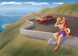 Size: 2953x2126 | Tagged: safe, artist:dandy, derpibooru import, sunset shimmer, anthro, unguligrade anthro, unicorn, breasts, car, chest fluff, clothes, ear fluff, ears, female, ford escort, horn, mare, newbie artist training grounds, ocean, outdoors, scenery, shoes, short shirt, sitting, skirt, solo