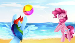 Size: 3500x2000 | Tagged: safe, artist:voilet14, derpibooru import, pinkie pie, rainbow dash, earth pony, pegasus, pony, beach, beach ball, bipedal, duo, duo female, female, high res, mare, ocean, sports, volleyball