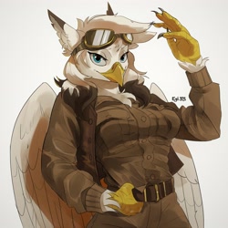 Size: 3082x3082 | Tagged: safe, artist:cadillacdynamite, derpibooru import, oc, oc only, anthro, griffon, anthro oc, belt, clothes, female, goggles, griffon oc, high res, jacket, looking at you, open jacket, simple background, solo, white background