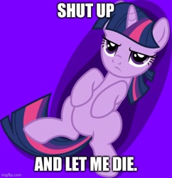 Size: 500x516 | Tagged: safe, artist:dewlshock, derpibooru import, twilight sparkle, caption, front view, frown, image macro, lying down, meme, purple background, simple background, text, twilight is not amused, unamused