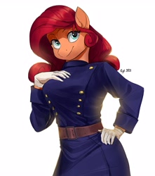 Size: 3182x3592 | Tagged: safe, artist:cadillacdynamite, derpibooru import, oc, oc only, anthro, earth pony, anthro oc, belt, clothes, female, gloves, looking at you, mare, simple background, solo, uniform, white background