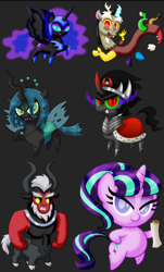 Size: 720x1195 | Tagged: safe, derpibooru import, discord, king sombra, lord tirek, nightmare moon, queen chrysalis, starlight glimmer, alicorn, centaur, changeling, changeling queen, draconequus, pony, unicorn, angry, bipedal, black background, chibi, cute, discute, female, male, mare, s5 starlight, scroll, simple background, sombra eyes, stallion, transparent background