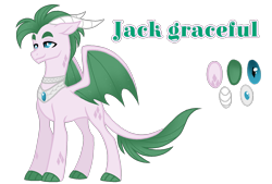 Size: 1596x1080 | Tagged: safe, artist:jvartes6112, derpibooru import, oc, oc only, oc:jack graceful, dracony, dragon, hybrid, dragon oc, horns, interspecies offspring, jewelry, male, necklace, offspring, parent:rarity, parent:spike, parents:sparity, reference sheet, simple background, smiling, solo, transparent background, wings