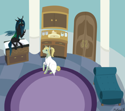 Size: 6947x6164 | Tagged: safe, artist:misskanabelle, derpibooru import, queen chrysalis, oc, changeling, changeling queen, pony, clothes, doctor, duo, female, indoors, lab coat, pregnancy test, signature, sitting, story included