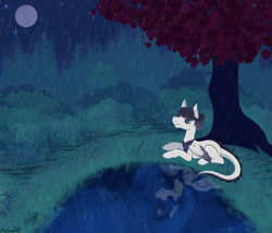 Size: 1750x1500 | Tagged: safe, artist:misskanabelle, derpibooru import, oc, oc only, oc:mariane, pegasus, pony, full moon, looking up, lying down, moon, night, outdoors, pegasus oc, pond, prone, reflection, signature, solo, tree, two toned wings, wings