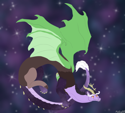 Size: 1750x1592 | Tagged: safe, artist:misskanabelle, derpibooru import, oc, oc only, oc:constellation, draconequus, draconequus oc, flying, interspecies offspring, male, night, offspring, parent:discord, parent:ursa major, signature, solo, stars