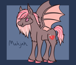 Size: 1750x1500 | Tagged: safe, artist:misskanabelle, derpibooru import, oc, oc only, oc:muhjah, bat pony, pony, adopted offspring, bat pony oc, bat wings, chest fluff, ear fluff, ears, female, mare, parent:nurse redheart, parent:oc:pyrrhos, parents:canon x oc, signature, unshorn fetlocks, wings