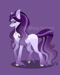 Size: 1080x1350 | Tagged: safe, artist:sia.brony, derpibooru import, oc, oc only, oc:lil cream, earth pony, pony, bedroom eyes, ear fluff, ears, earth pony oc, eyelashes, female, freckles, hoof fluff, hoof polish, makeup, mare, purple background, simple background, smiling, solo, unshorn fetlocks