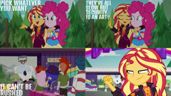 Size: 1280x720 | Tagged: safe, derpibooru import, edit, edited screencap, editor:quoterific, screencap, curly winds, pinkie pie, some blue guy, sunset shimmer, equestria girls, equestria girls series, sunset's backstage pass!, spoiler:eqg series (season 2), clothes, cute, cutie mark, cutie mark on clothes, diapinkes, eyes closed, female, geode of empathy, geode of sugar bombs, magical geodes, male, music festival outfit, open mouth, shimmerbetes, smiling