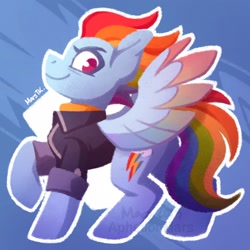 Size: 1600x1600 | Tagged: safe, artist:aphelionmars, derpibooru import, rainbow dash, pegasus, pony, the last problem, blue background, clothes, colored wings, digital art, female, jacket, mare, multicolored mane, multicolored wings, older, older rainbow dash, profile, raised hoof, raised leg, shading, short mane, signature, simple background, smiling, solo, standing, sweater, texture, turtleneck, wings