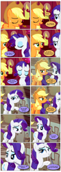 Size: 868x2442 | Tagged: safe, artist:dziadek1990, artist:silver mint, derpibooru import, edit, edited screencap, screencap, applejack, rarity, fanfic:ask me again tomorrow, made in manehattan, the crystal empire, comic, conversation, dialogue, female, lesbian, rarijack, requested art, screencap comic, shipping, text