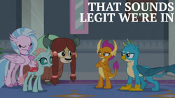 Size: 1280x720 | Tagged: safe, derpibooru import, edit, edited screencap, editor:quoterific, screencap, gallus, ocellus, silverstream, smolder, yona, changeling, dragon, griffon, hippogriff, yak, school daze, season 8, spoiler:s08, crossed arms, eyes closed, female, male, smiling