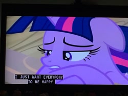 Size: 680x510 | Tagged: safe, derpibooru import, screencap, twilight sparkle, alicorn, pony, once upon a zeppelin, aesthetic, aesthetics, ears, female, floppy ears, melancholy, photo, sad, solo, subtitles, teeth, television, vaporwave