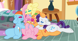 Size: 792x422 | Tagged: safe, artist:hate-love12, derpibooru import, applejack, fluttershy, li'l cheese, pinkie pie, rainbow dash, rarity, earth pony, pegasus, pony, unicorn, the last problem, baby, baby pony, base used, cuddle puddle, cuddling, group hug, hatless, hug, mane five, missing accessory, pony pile, sugarcube corner, teeth