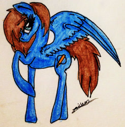 Size: 1302x1323 | Tagged: safe, artist:beamybutt, derpibooru import, oc, oc only, pegasus, pony, eyelashes, female, mare, pegasus oc, raised hoof, raised leg, signature, solo, traditional art, wings