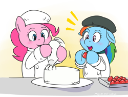 Size: 880x665 | Tagged: safe, artist:wakyaot34, derpibooru import, pinkie pie, rainbow dash, earth pony, pegasus, pony, cake, clothes, cooking, ears, female, floppy ears, food, happy, hat, mare, smiling, strawberry