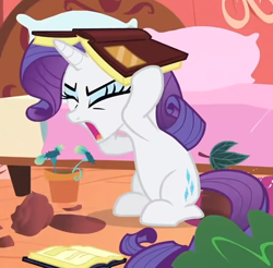 Size: 544x535 | Tagged: safe, derpibooru import, screencap, rarity, pony, unicorn, look before you sleep, season 1, book, cropped, eyes closed, female, golden oaks library, leaf, open mouth, solo