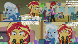 Size: 1280x720 | Tagged: safe, derpibooru import, edit, edited screencap, editor:quoterific, screencap, cherry crash, golden hazel, sunset shimmer, trixie, better together, equestria girls, forgotten friendship, book, cafeteria, clothes, cutie mark, cutie mark on clothes, female, geode of empathy, jacket, jewelry, leather, leather jacket, magical geodes, male, necklace, open mouth