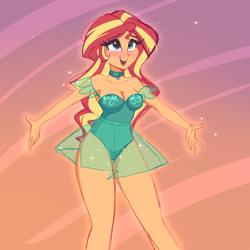Size: 4000x4000 | Tagged: safe, artist:xjenn9, derpibooru exclusive, derpibooru import, sunset shimmer, equestria girls, adorasexy, bare shoulders, breasts, choker, cleavage, clothes, cute, leotard, looking up, open mouth, open smile, redesign, see-through, see-through skirt, sexy, sketch, skirt, smiling, solo