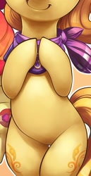 Size: 421x813 | Tagged: safe, artist:xennos, derpibooru import, edit, apple bloom, oc, oc:kwankao, earth pony, pony, apple bloom's cutie mark, belly, bipedal, cropped, exploitable meme, featureless crotch, hooves together, meme, offscreen character, pictures of bellies, smiling, solo focus
