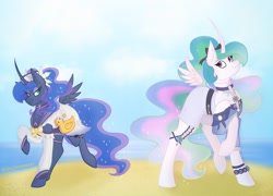 Size: 2251x1620 | Tagged: safe, artist:lunathemoongod, derpibooru import, princess celestia, princess luna, alicorn, pony, beach, clothes, curved horn, ethereal mane, female, genshin impact, horn, mare, royal sisters, siblings, sisters, starry mane, starry tail, summer