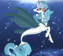 Size: 1090x970 | Tagged: safe, artist:angelxd3mon, derpibooru import, oc, pony, seapony (g4), unicorn, blue mane, bubble, crepuscular rays, dorsal fin, female, fin wings, fish tail, flowing tail, horn, ocean, pearl, seaponified, solo, species swap, starfish, sunlight, swimming, tail, underwater, water, wings