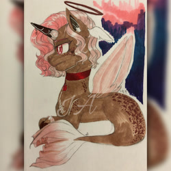 Size: 2245x2245 | Tagged: safe, artist:jdash15, derpibooru import, oc, oc only, alicorn, pony, seapony (g4), collar, fin wings, fish tail, horn, pink mane, red eyes, seaponified, simple background, solo, species swap, tail, watermark, white background, wings