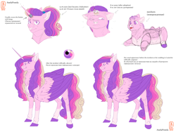 Size: 4000x3000 | Tagged: safe, artist:anelaponela, derpibooru import, princess cadance, alicorn, pegasus, pony, baby, baby pony, cheek fluff, colored wings, cyrillic, ear fluff, ears, female, headcanon, horn, looking at you, redesign, reference sheet, russian, simple background, smiling, solo, travelersverse, wings