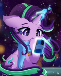 Size: 2400x3000 | Tagged: safe, artist:symbianl, derpibooru import, starlight glimmer, pony, unicorn, cellphone, cheek fluff, clothes, cute, ear fluff, ears, elbow fluff, female, glimmerbetes, hoof fluff, levitation, looking at something, magic, mare, phone, solo, sweater, telekinesis, tummy fluff