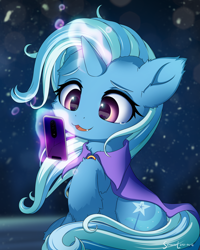 Size: 2400x3000 | Tagged: safe, artist:symbianl, derpibooru import, trixie, pony, unicorn, :3, cellphone, cheek fluff, cracked, cute, cute little fangs, diatrixes, ear fluff, ears, elbow fluff, fangs, female, hoof fluff, levitation, looking at something, magic, mare, neck fluff, open mouth, phone, signature, snaggletooth, solo, telekinesis